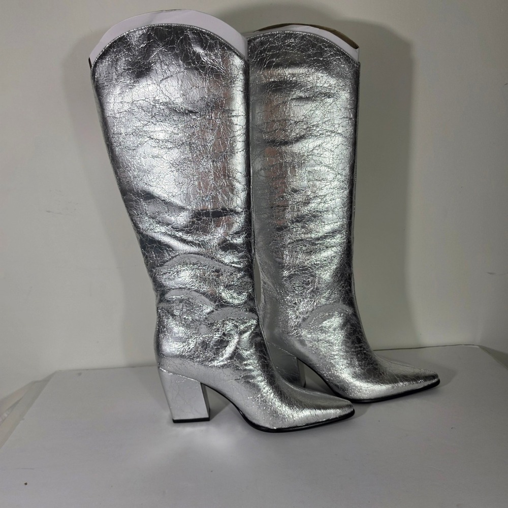 Steve Madden Croft Silver Metallic Cowboy Boots block heel womens 10m festival